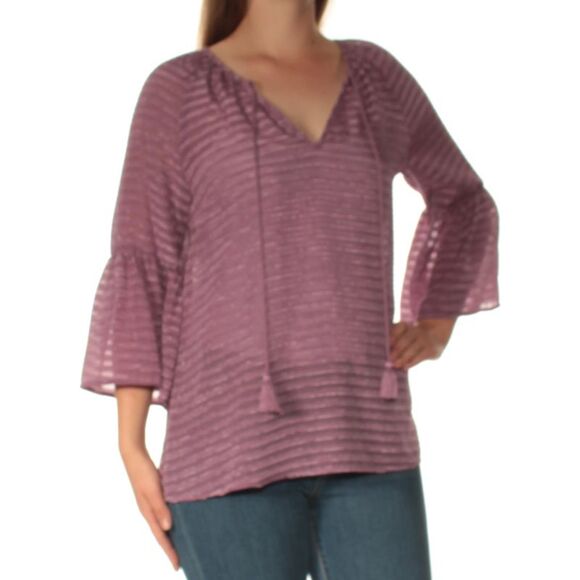 KENSIE Womens Purple Tie Textured V Neck Bell Sleeve Top M - Picture 3 of 4